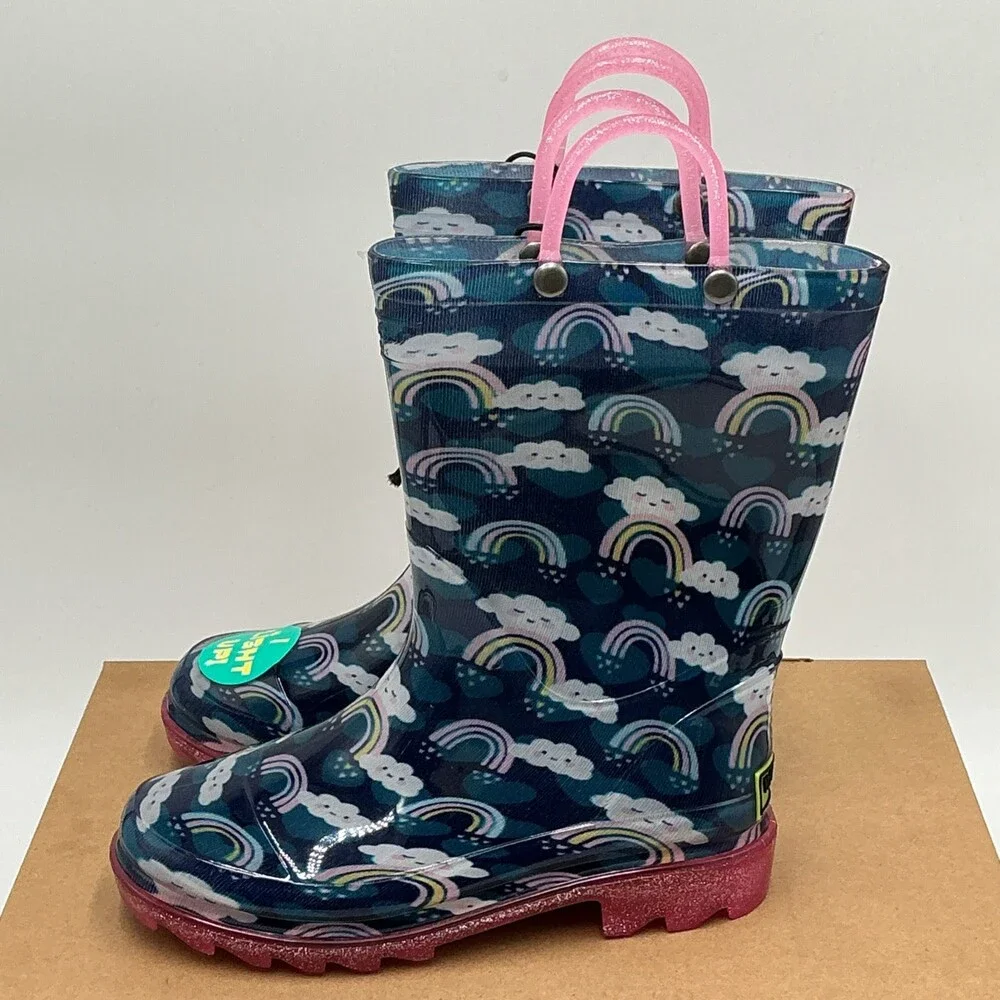 Western Chief Rainbow Shower Lighted Rain Boots Kids 12 Navy Waterproof Eby4449